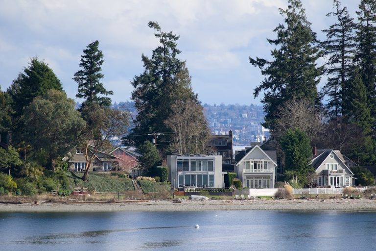 Waterfront homes among evergreen trees in the Pacific Northwest. Lake Forest Park, WA area