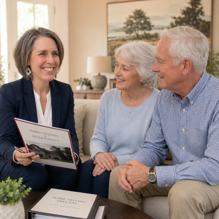 Emily Cressey consulting older couple on couch Seattle real estate strategy