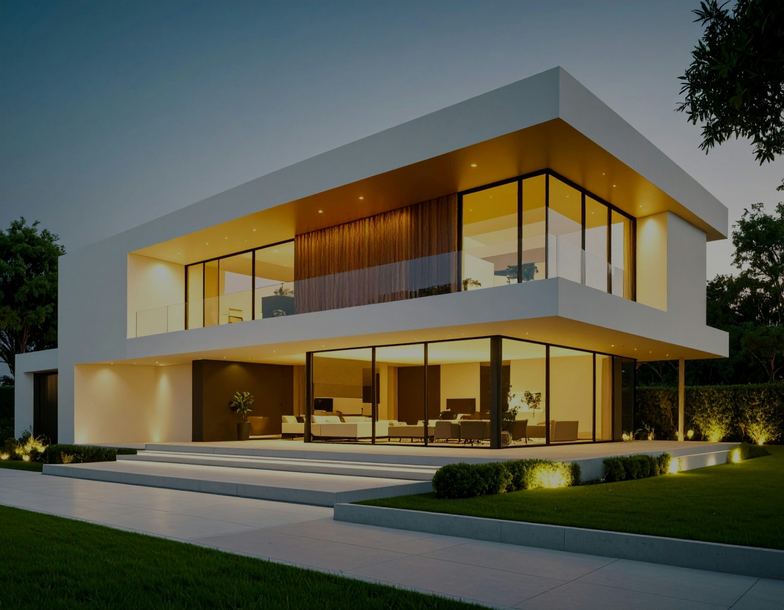 Modern luxury home exterior glowing with lights at dusk, representing Seattle-area luxury real estate