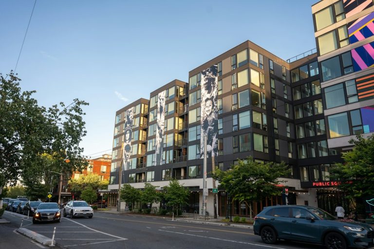 Modern condo and apartment buildings in Capitol Hill, Seattle with street-level murals