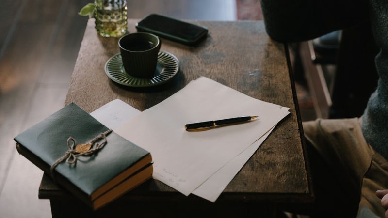 Black pen resting on papers and a notebook on a wooden table