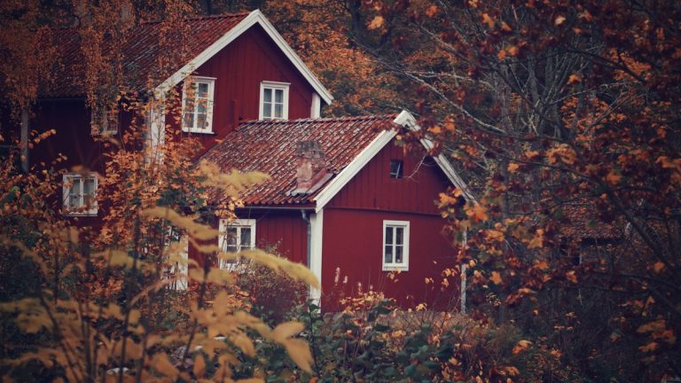 Red wooden house surrounded by autumn trees and fall foliage