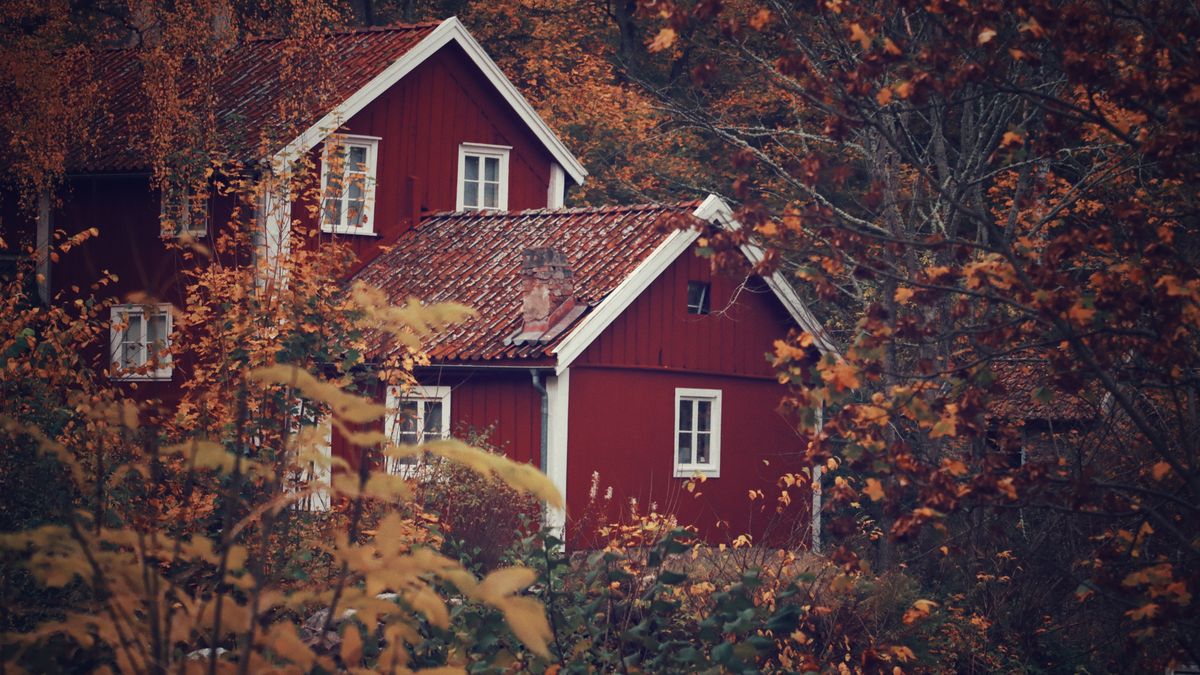 Red wooden house surrounded by autumn trees and fall foliage